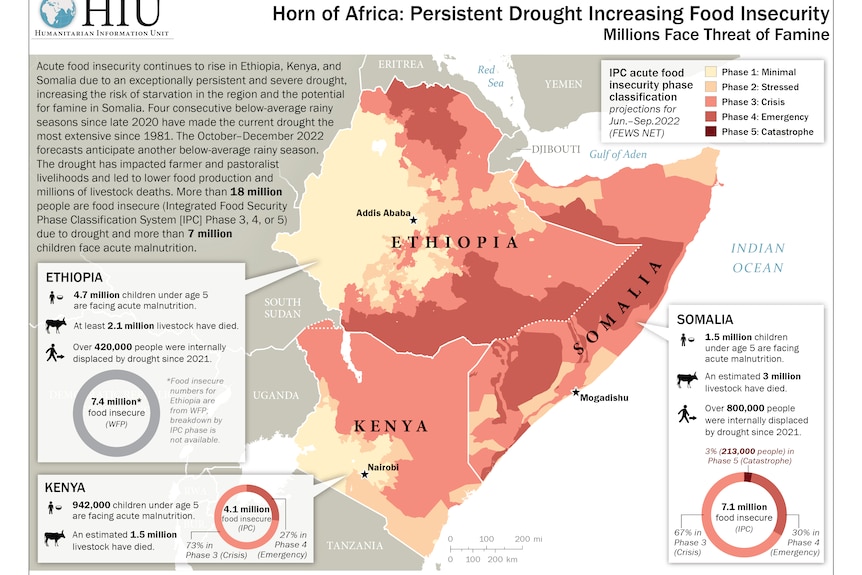 A map showing drought-affected parts of East Africa