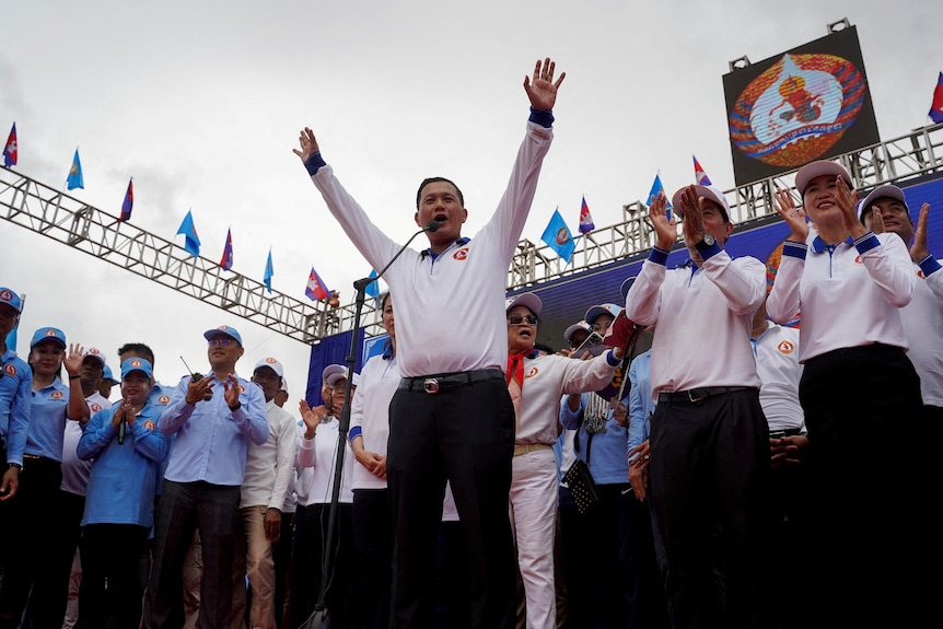 Hun Manet, son of Cambodia's Prime Minister Hun Sen, speaks during the final CPP election campaign.