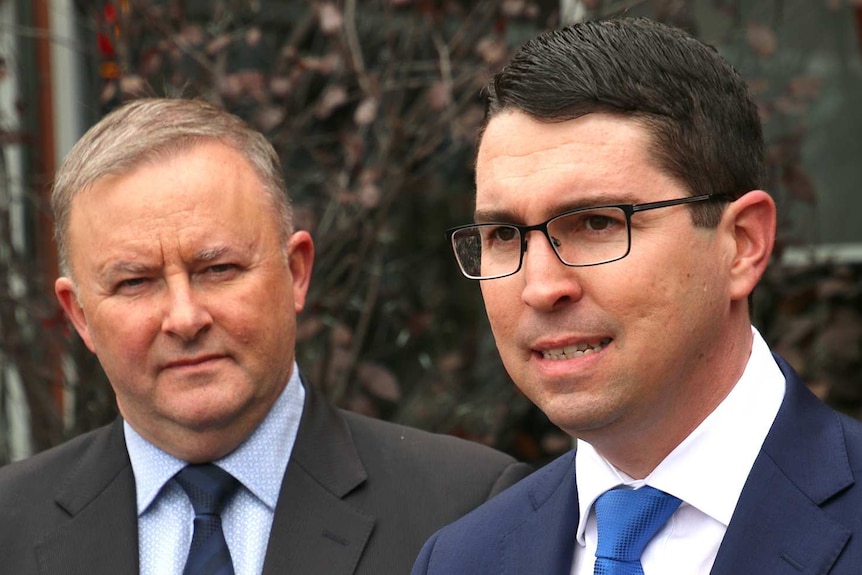 Anthony Albanese and Patrick Gorman hold a press conference in an outdoor location in front of micrphones.