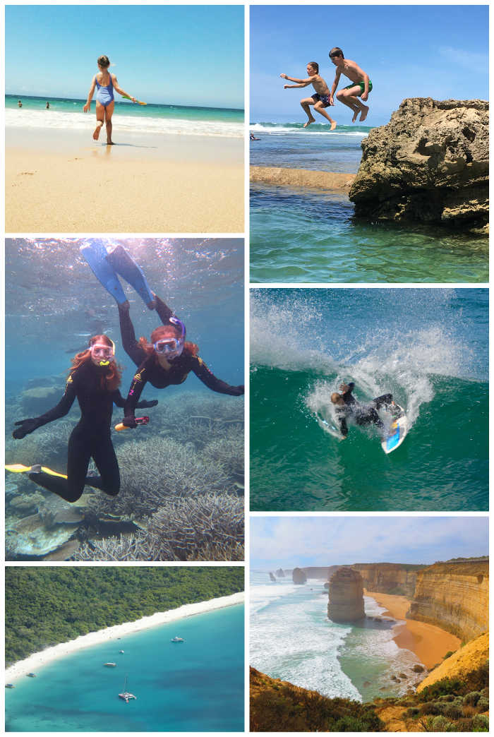 A collage of six photos of different Australian beaches and people enjoying them.
