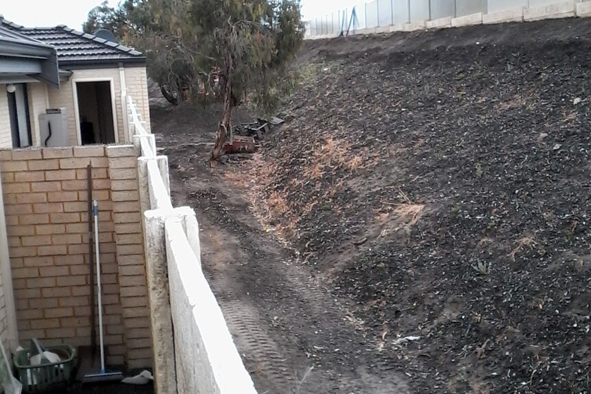 Mulch on a slope outside a house.