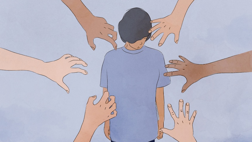 An illustration of a young boy being grabbed at by multiple hands.