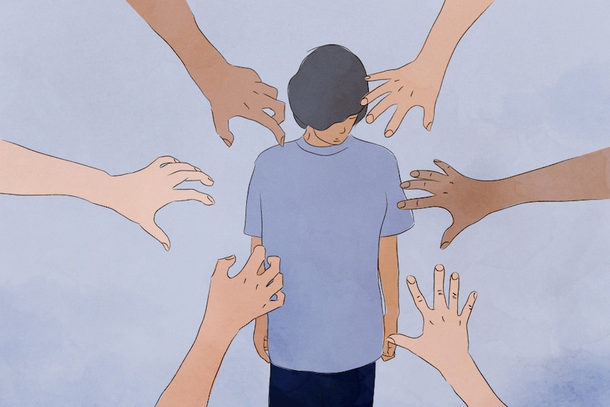 An illustration of a young boy being grabbed at by multiple hands.