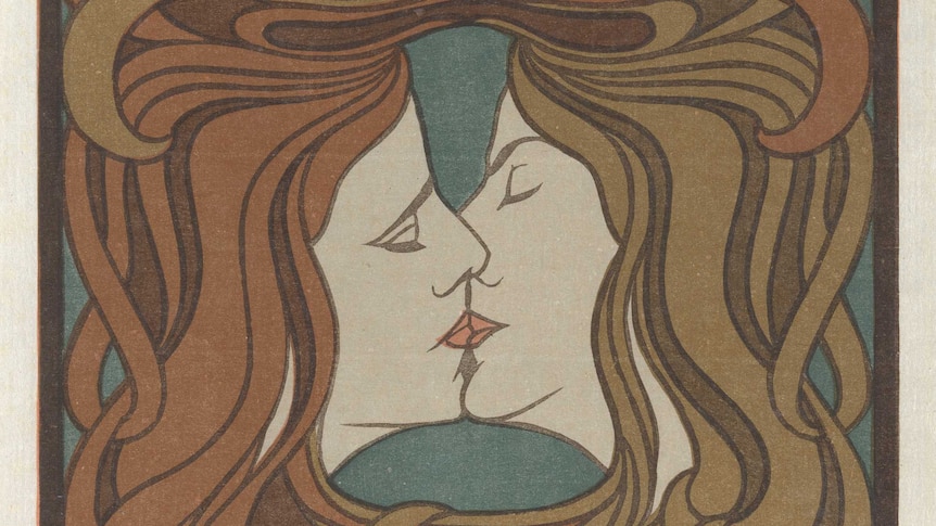 The Kiss by Peter Behrens - a woodcut of a kiss in browns, olive green and blue