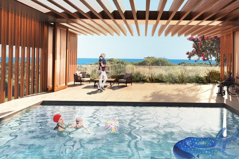 A concept design showing the hospice's covered pool area with the beachfront view in the background. 
