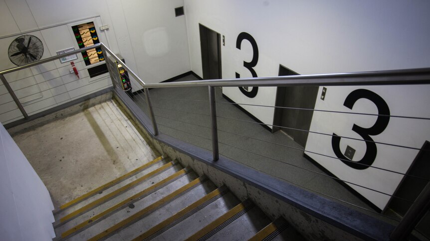 Stairs lead down to elevators and the number three written in large on the wall