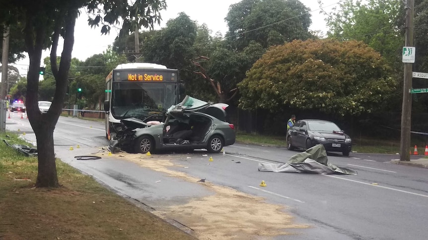 Unmarked stolen police car crashed into bus at Box Hill South, September 16 2015.