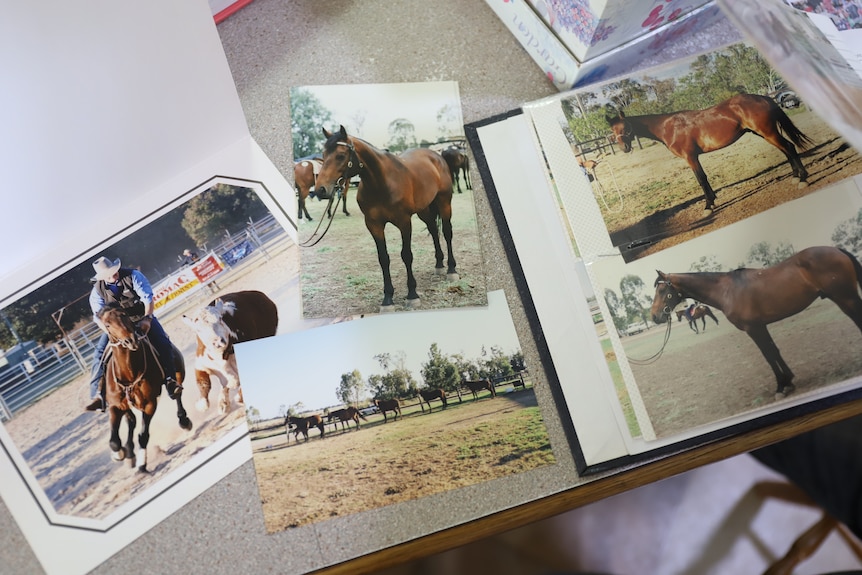 Old photos of Conman laid out on a table.