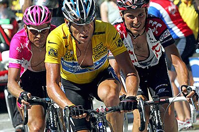 Lance Armstrong is tailed by Jan Ullrich and Ivan Basso during stage 14 of the 2005 Tour de France (AFP)