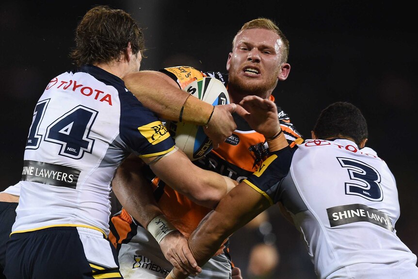 Matthew Lodge playing for Wests Tigers in the NRL.