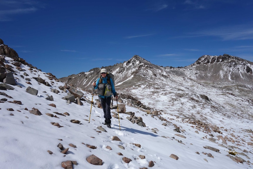 Surrounded by snowy mountains, a woman with sunglasses, cap, backpack, walking sticks and hiking gear smiles.