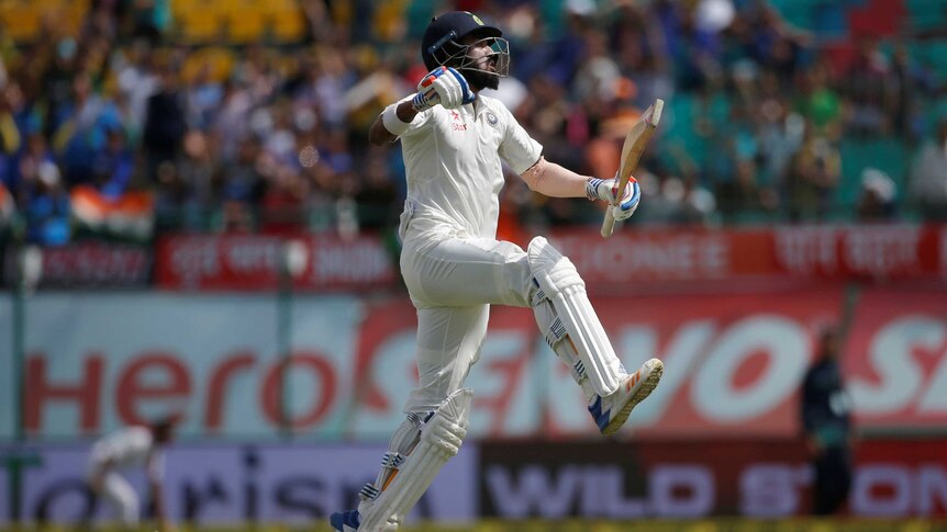 India's Lokesh Rahul celebrate a Test victory
