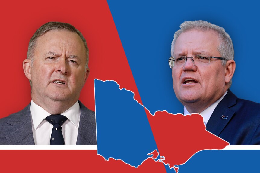 A red and blue graphic of Anthony Albanese and Scott Morrison, with a map of Victoria layered over them.