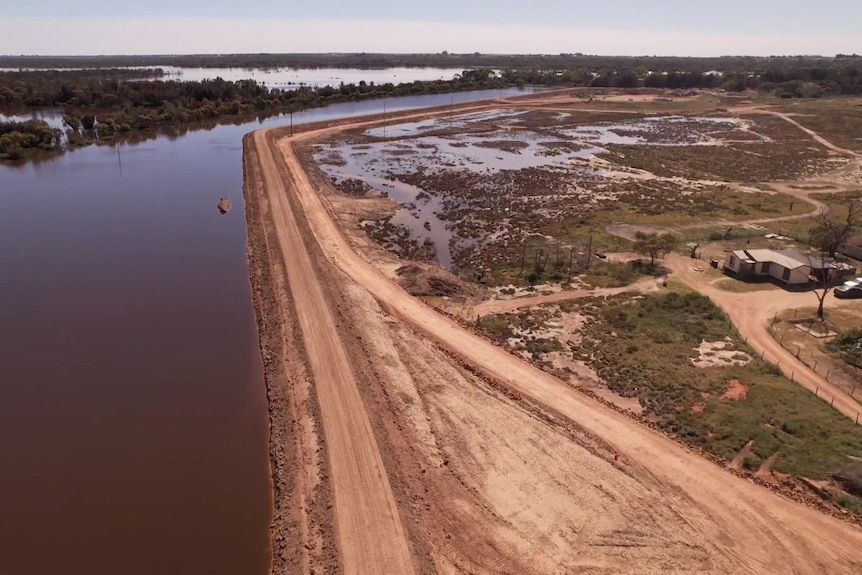 A sand levee with a creek and trees