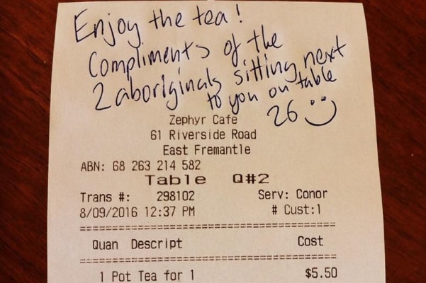 A photo of the receipt from the cafe where Jarred Wall paid for a pot of tea for two elderly women.