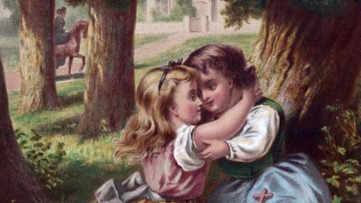 Painting of two children playing and hugging