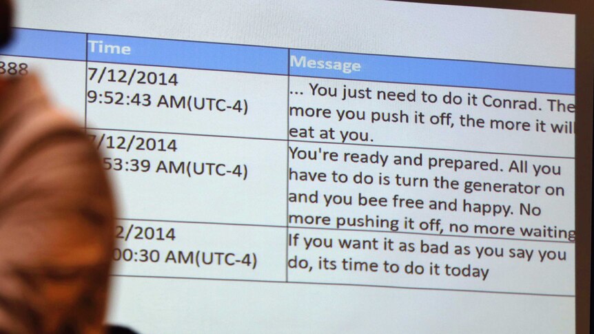 A powerpoint slide showing text messages. One reading " You just need to do it Conrad".