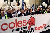 Truck drivers protest outside a Coles supermarket in Sydney's CBD