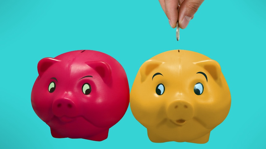 Two piggy banks with a hand feeding a coin into one.