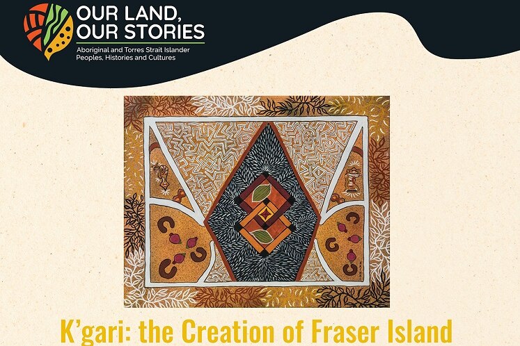 Page with indigenous artwork, basic map of Fraser Island and text on K'gari, the creation of Fraser Island.