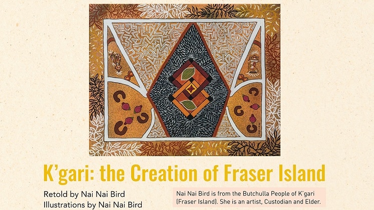 Page with indigenous artwork, basic map of Fraser Island and text on K'gari, the creation of Fraser Island.
