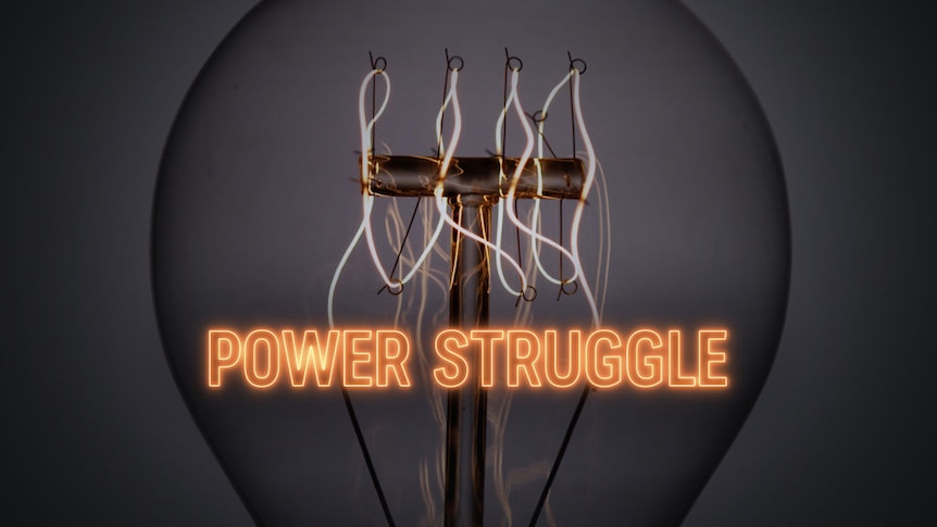 A close-up of an incandescent light-bulb with the word "POWER STRUGGLE" superimposed on it.