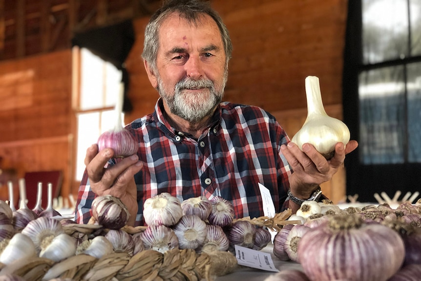 Geoff Dugan holds bulbs of garlic