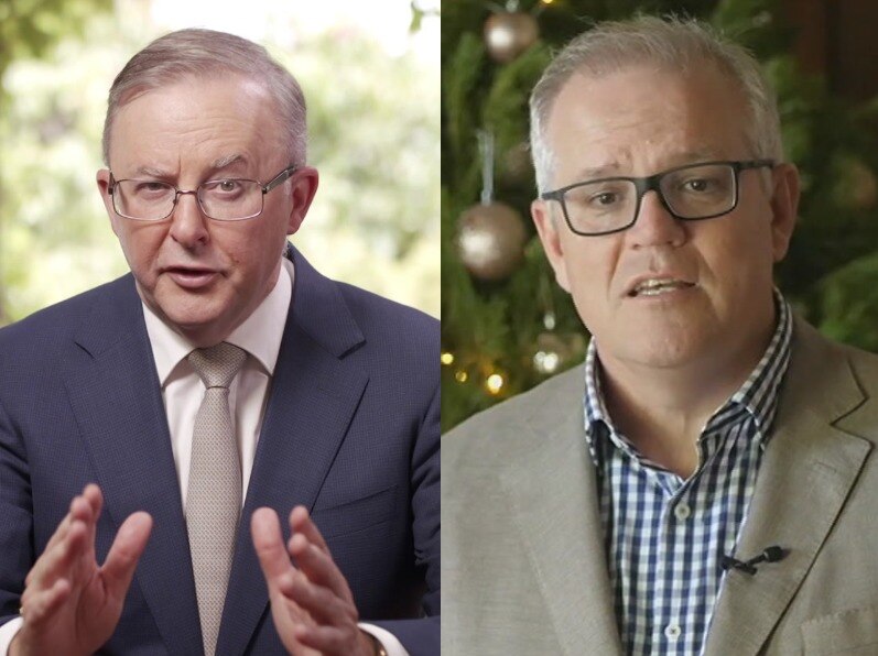 A composite image of two white men with grey hair and glasses side by side, the one on the right is in front of a christmas tree