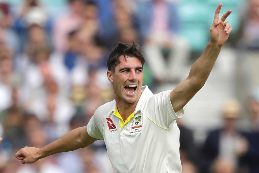 Australia bowler Pat Cummins and fielder Mitch Marsh appeal for the wicket of Joe Denly, who is between them in the frame.