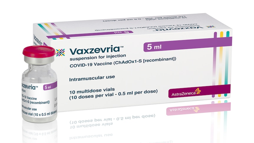 A vaccine vial next to a white box with the Vaxzevria label across it