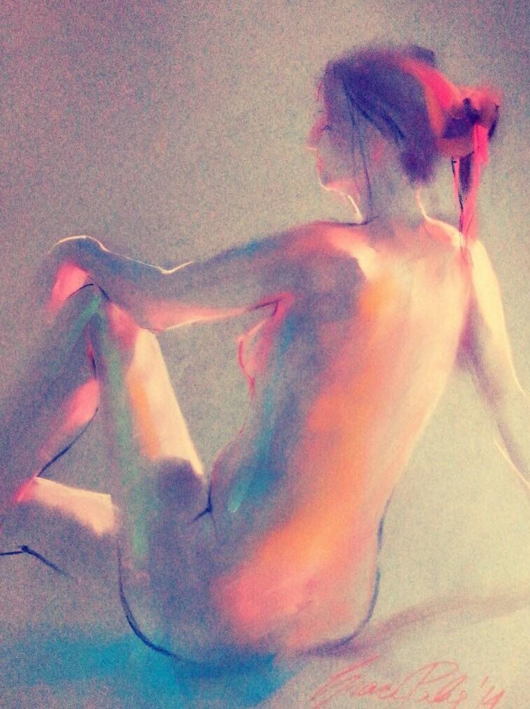 Colourful painting representation of nude model Sarah Britton.