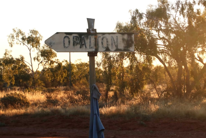 A dilapidated sign directing to Opalton beside a red dirt road, in late afternoon light