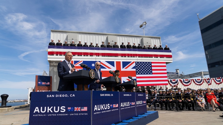 Anthony Albanese, Joe Biden, and Rishi Sunak at the launch of the AUKUS deal in the US