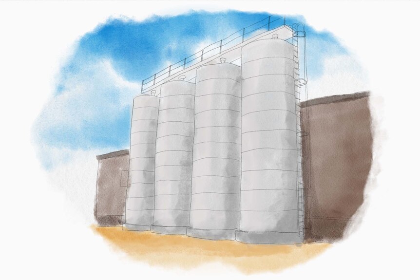 Water colour of four large milk silos with warehouse building in background and blue sky.