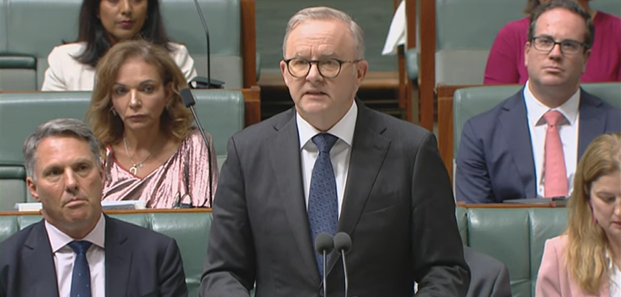 A medium shot of Anthony Albanese speaking in Parliament in Canberra.