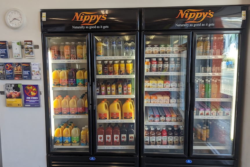 A Nippy's fridge full of milk and juices.