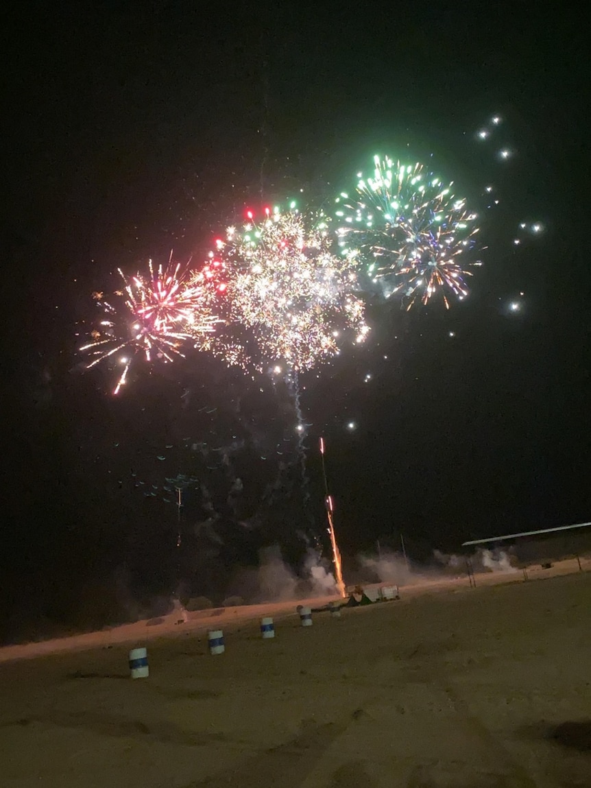 Midnight fireworks explode at the 2019 New Years Eve Tibooburra Rodeo-Bikekhana