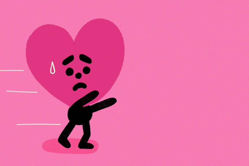 A stick figure with a head the shape of a love heart and a stressed expression reaches out with arms to someone.
