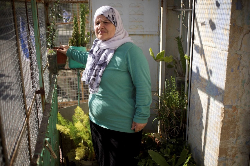 A woman in her balcony garden behind a cage, there to stop rocks being thrown.