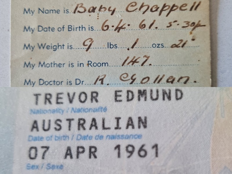 The top image is a card from a hospital crib for "baby chappell", the bottom is an Australian passport