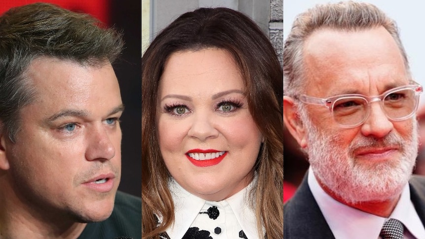 Headshots of Matt Damon, Melissa McCarthy and Tom Hanks.