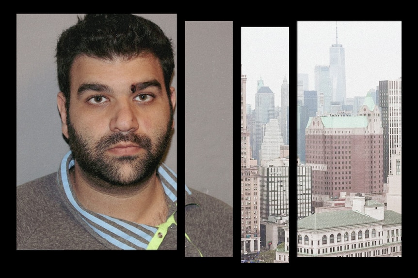 A composite of a mugshot of a man with dark hair, a short beard and a cut on his eyebrow and a photo of the New York skyline.
