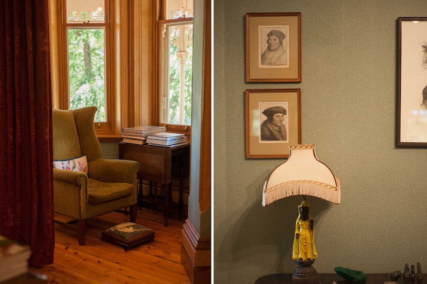 A chair and lamp sit in the reading room in the old Mid North homestead
