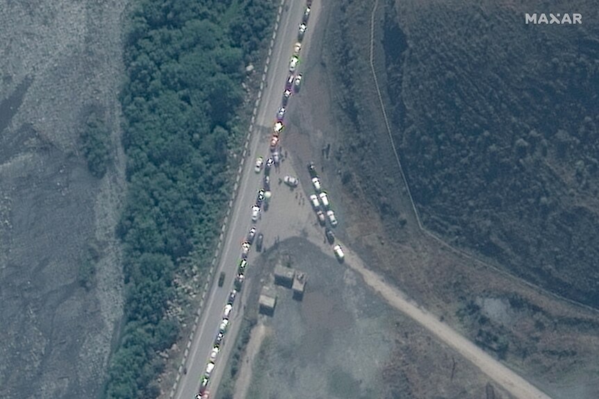 A satellite image shows a close-up of a traffic jam near Russia's border with Georgia