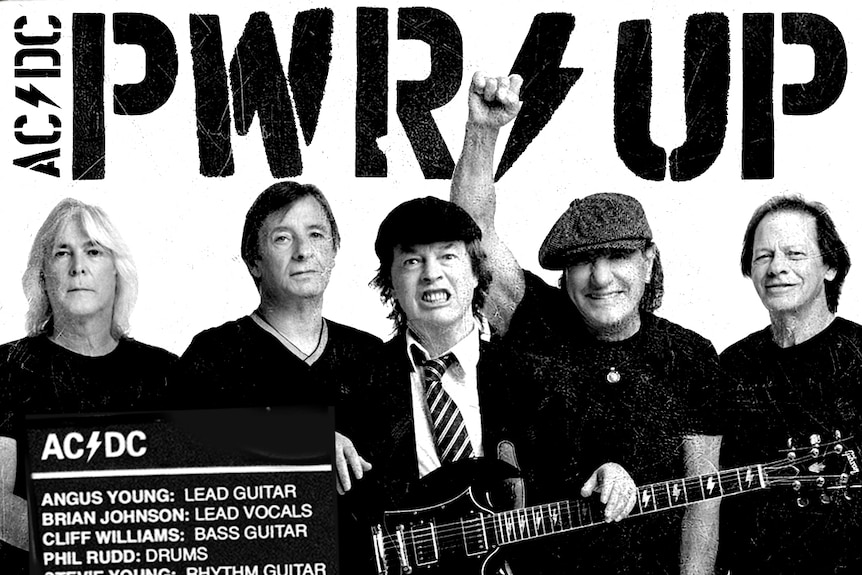 Five members of AC/DC, pose for a photo under the slogan PWR UP. Angus Young is in his schoolboy outfit