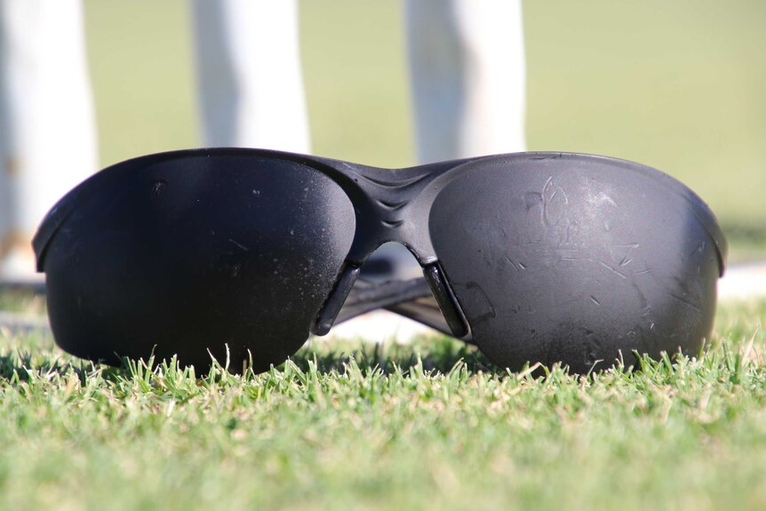 The blackout glasses worn by totally bind players in blind cricket.