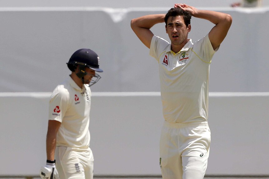 Australia's Mitchell Starc shows his frustration on day two at the WACA