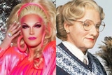 Composite image of drag queen Ashley Madison and movie character Mrs Doubtfire