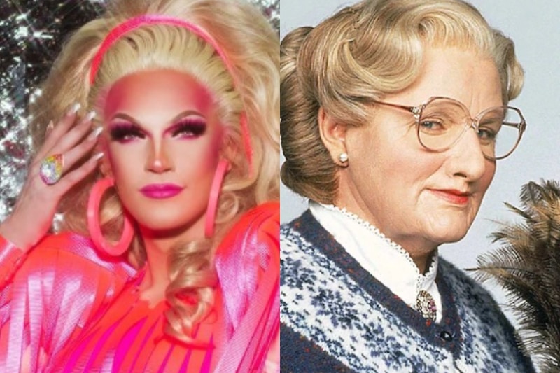 Composite image of drag queen Ashley Madison and movie character Mrs Doubtfire