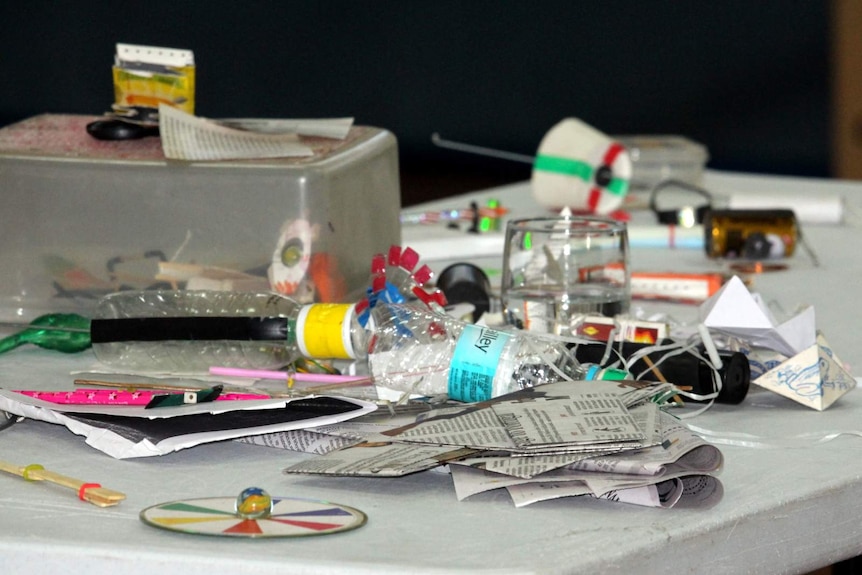 Recyclables used in Arvind Gupta's school science demonstrations.
